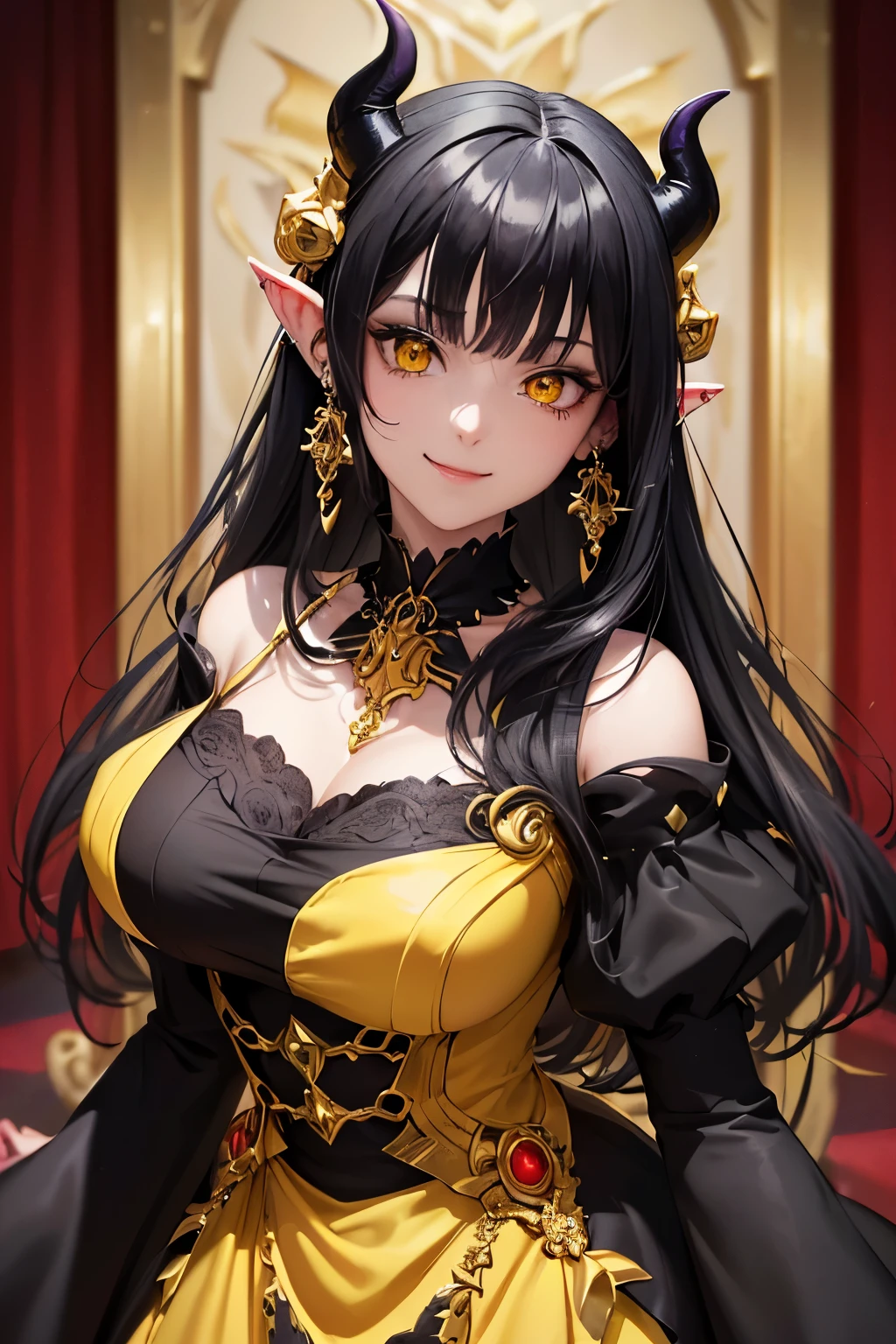 ((best quality)), ((masterpiece)), (detailed), ((perfect face)), (((best quality)), ((masterpiece)), (detailed), ((perfect face)), (anime)), ((black hair)), ((demon girl)), ((yellow eyes)), (Horns)) ((Anime style)) ((earring)) ((jewelry)) ((luxurious dress)) ((smile))