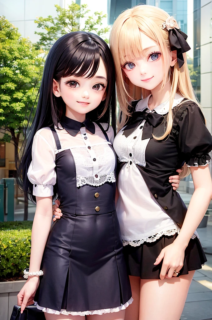 Smiling beautiful twin girls　City　2 shots
