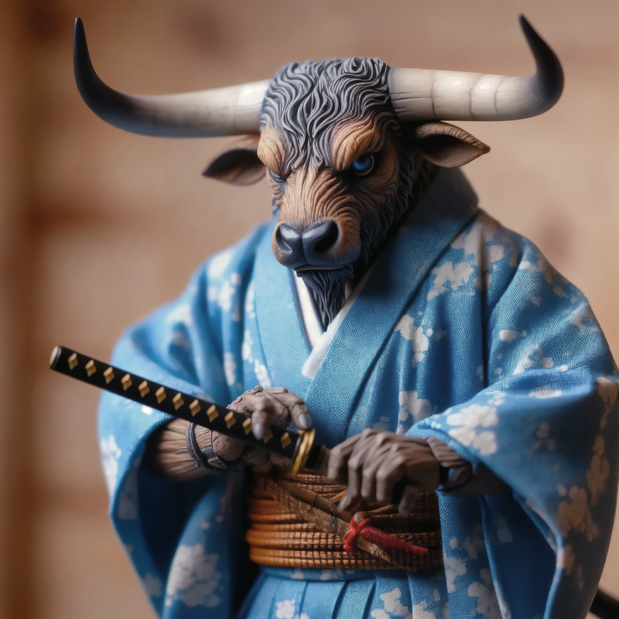 Male mutated Longhorn bull ronin in Yukata kimono with a samurai sword in cherry blossom background