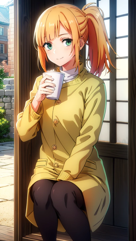 short braided hair,ponytail, orange hair, (green eyes:1.5), smile,Yellow muffler,Pink long coat there is space in front,white sweater,black long skirt,black pantyhose,short boots,Asahi,campus life、Break outdoors on the way to school, University buildings,
break looking at viewer,
break (masterpiece:1.2), highest quality, High resolution, unity 8k wallpaper, (shape:0.8), (fine and beautiful eyes:1.6), highly detailed face, perfect lighting, Very detailed CG, (perfect hands, perfect anatomy),