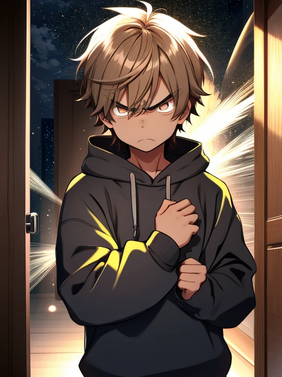 a boy, Wear a comfortable sweatshirt, Upper Body, (angry:1.1), (:1.1), (Keep your eyes open:1.2), , Light Particles, Outside the door at night