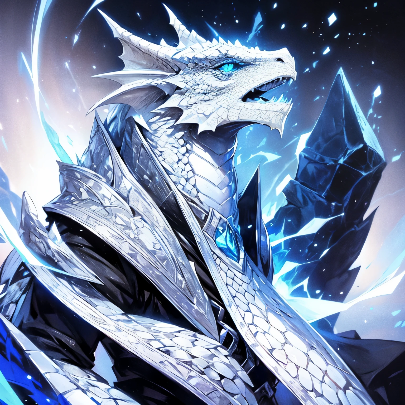 White Dragonborn with blue eyes, wearing black rouge attire