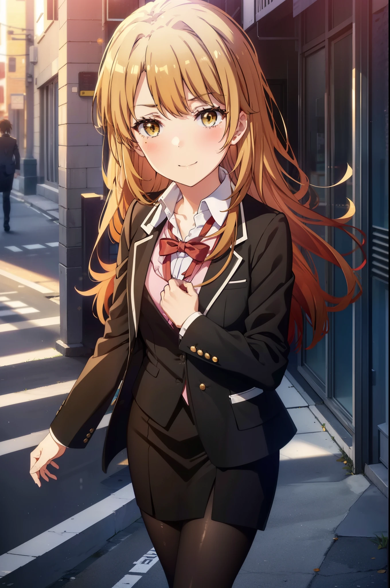 irohaisshiki, Iroha Isshiki, Long Hair, Brown Hair, (Brown eyes:1.5), ,Hair between the eyes, smile,blush,happy smile, smile, Open your mouth,OL, Akagi glasses, Black suit jacket, Collared jacket, White dress shirt, Collared shirt, Neckline, button, Black pencil skirt, Black pantyhose,Stiletto heels,morning,morning陽,The sun is rising,Walking,
break outdoors, In town,Building district,crowd, people々々,
break looking at viewer, whole body,
break (masterpiece:1.2), highest quality, High resolution, unity 8k wallpaper, (shape:0.8), (Beautiful details:1.6), Highly detailed face, Perfect lighting, Extremely detailed CG, (Perfect hands, Perfect Anatomy),