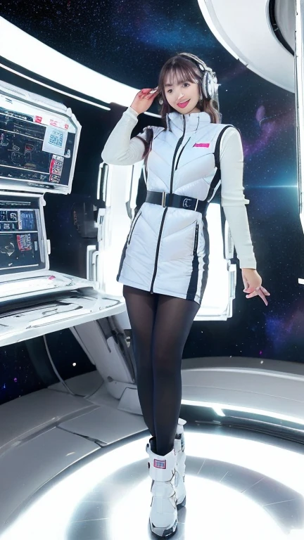 masterpiece:1.4, masterpiece,best quality,1girl,BREAK (portrait shot):100,(lower body):100,BREAK one girl in ((20yr old)), instagrammer pose,idol girl, dynamic pose,(astrovest):2,floating:20,jumping:20,(white shiny downves):5,(white puffer vest):5,(black tights),(black long sleeves):2,black belt ,smartwatch,huge breast,wears a tight futuristic latex silver and black and white bodysuit,(white boots),astrovest, de pele branca,beautiful face ,smile,japanese girl,dark brown
hair,huge-breasted, long hair, Perfect model body, Blue eyes:1.4, Wearing headphones, Flirting, Happy, Looking out the window of the futuristic sci-fi space station,While admiring the beautiful galaxy:1.2, BREAK SF control room on night background:1.1, Neon and energetic atmosphere:1.2 ((Galaxy)) ,((Solo:1.6)),futuristic space station background,inside space craft,Futuristic room,neotech,JeeSoo