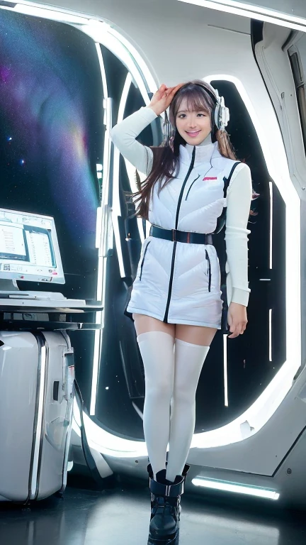 ​masterpiece:1.4, masterpiece,best quality,1girl,BREAK (portrait shot):100,(lower body):100,BREAK one girl in ((20yr old)), instagrammer pose,idol girl, dynamic pose,(astrovest):2,floating:20,jumping:20,(white shiny downves):5,(white puffer vest):5,(black tights),(black long sleeves):2,black belt ,smartwatch,huge breast,wears a tight futuristic latex silver and black and white bodysuit,(white boots),astrovest, de pele branca,beautiful face ,smile,japanese girl,dark brown 
hair,huge-breasted, long hair, Perfect model body, Blue eyes:1.4, Wearing headphones, Flirting, Happy,  Looking out the window of the futuristic sci-fi space station,While admiring the beautiful galaxy:1.2, BREAK SF control room on night background:1.1, Neon and energetic atmosphere:1.2 ((Galaxy)) ,((Solo:1.6)),futuristic space station background,inside space craft,Futuristic room,neotech,JeeSoo 