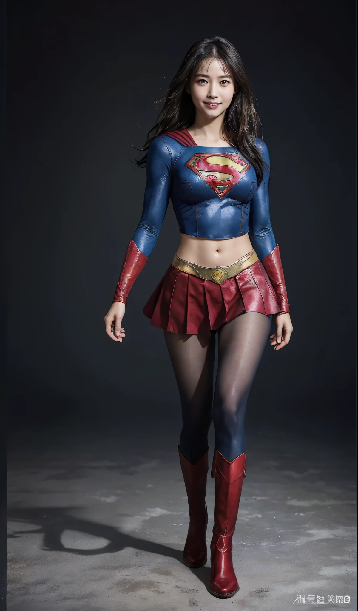 No background、(((Beautiful legs in black tights.)))、(((Legally express the beauty of your smile)))、((((Make the most of your original images)))、(((Supergirl Costume)))、(((Beautiful Hair)))、(((suffering)))、(((Please wear black tights....、Wear red boots)))、((Best image quality、8k))、((highest quality、8k、masterpiece:1.3))、(((Preserve background )))、Sharp focus:1.2、Beautiful woman with perfect figure:1.4、Slim Abs:1.2、Wet body:1.5、Highly detailed face and skin texture、8k