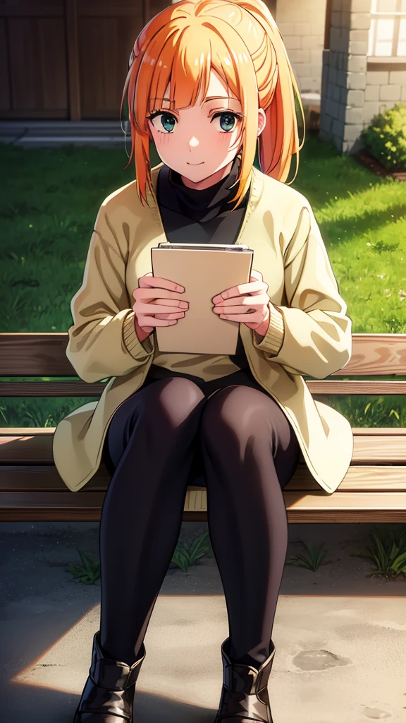  short braided hair,ponytail, orange hair, (green eyes:1.5), smile,Yellow muffler,Pink long coat　there is space in front,white sweater,black long skirt,black pantyhose,short boots,Asahi,campus life、Break outdoors on the way to school, University buildings,
break looking at viewer,
break (masterpiece:1.2), highest quality, High resolution, unity 8k wallpaper, (shape:0.8), (fine and beautiful eyes:1.6), highly detailed face, perfect lighting, Very detailed CG, (perfect hands, perfect anatomy),