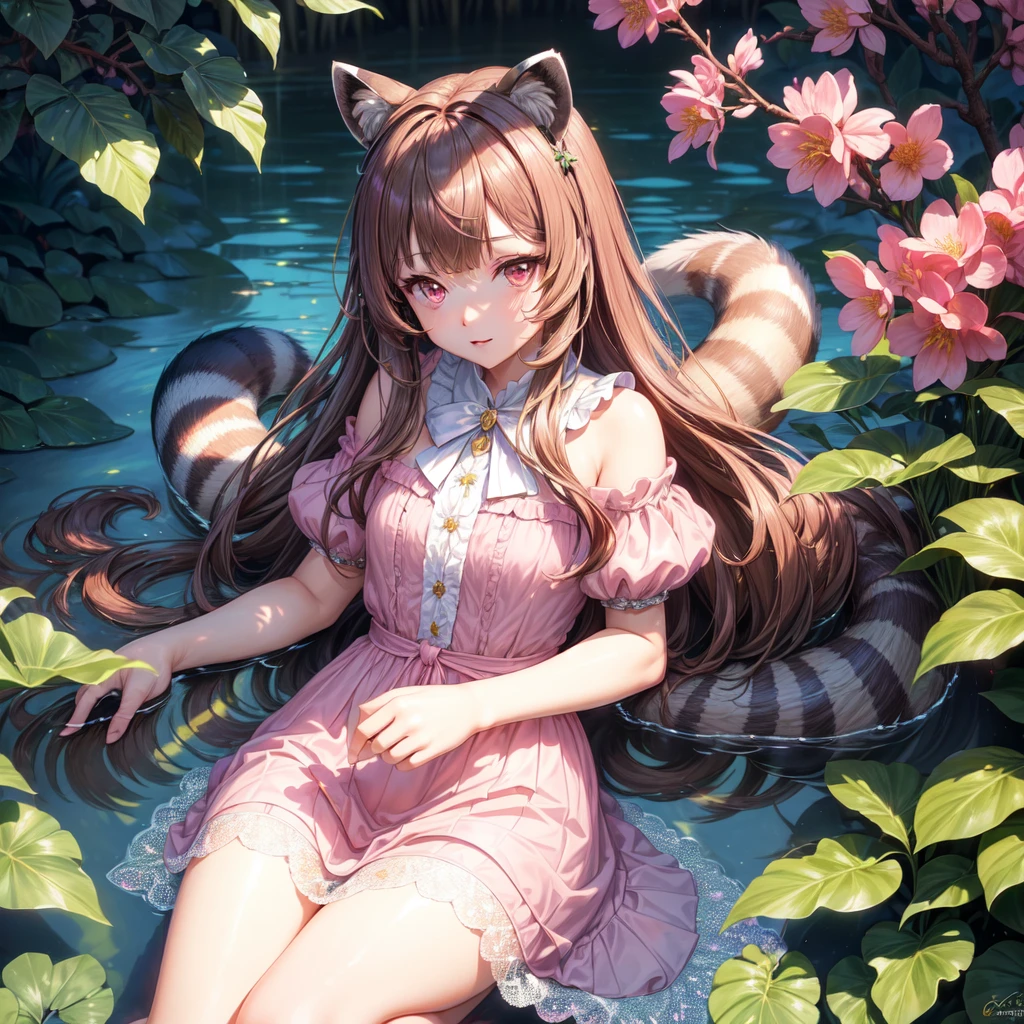 (((masterpiece))), (((best quality))), ((ultra-detailed)), (illustration), (detailed light), ((an extremely delicate and beautiful)), (beautiful detailed eyes), (sunlight), 1girl, studio, easel.raphtalia, personaje femenino del anime tate no yuusha no nariagari. ((posando de pie en posicion erguida, (descalza sobre un prado de fino y fresco cesped verde)). {(escenario)acabado en un acantilado con el oceano de fondo con el sol del ocaso como telon de fondo}. una suave brisa merciendo la hierba y ondeando su suave y brillante pelo, (dressed in small black lace panties and a light summer dress, de color claro y transparente) el cual se levanta con el viento dejando ver con excelente detalle ((sus largas y bien formadas piernas desnudas)). la mano derecha sujetando el pelo por la zona de la oreja y la izquierda intentando sujetar 
el vuelo del vestido sin conseguirlo. cabeza ligeramente elevada, admirando el horizonte. ojos realistas y brillantes. con semblante tranquilo y nostalgico en el rostro, raphtalia, long hair, bangs, brown hair, animal ears, raccoon ears, raccoon tail, raccoon girl, (pink eyes:1.3), (nsfw:0.2), 