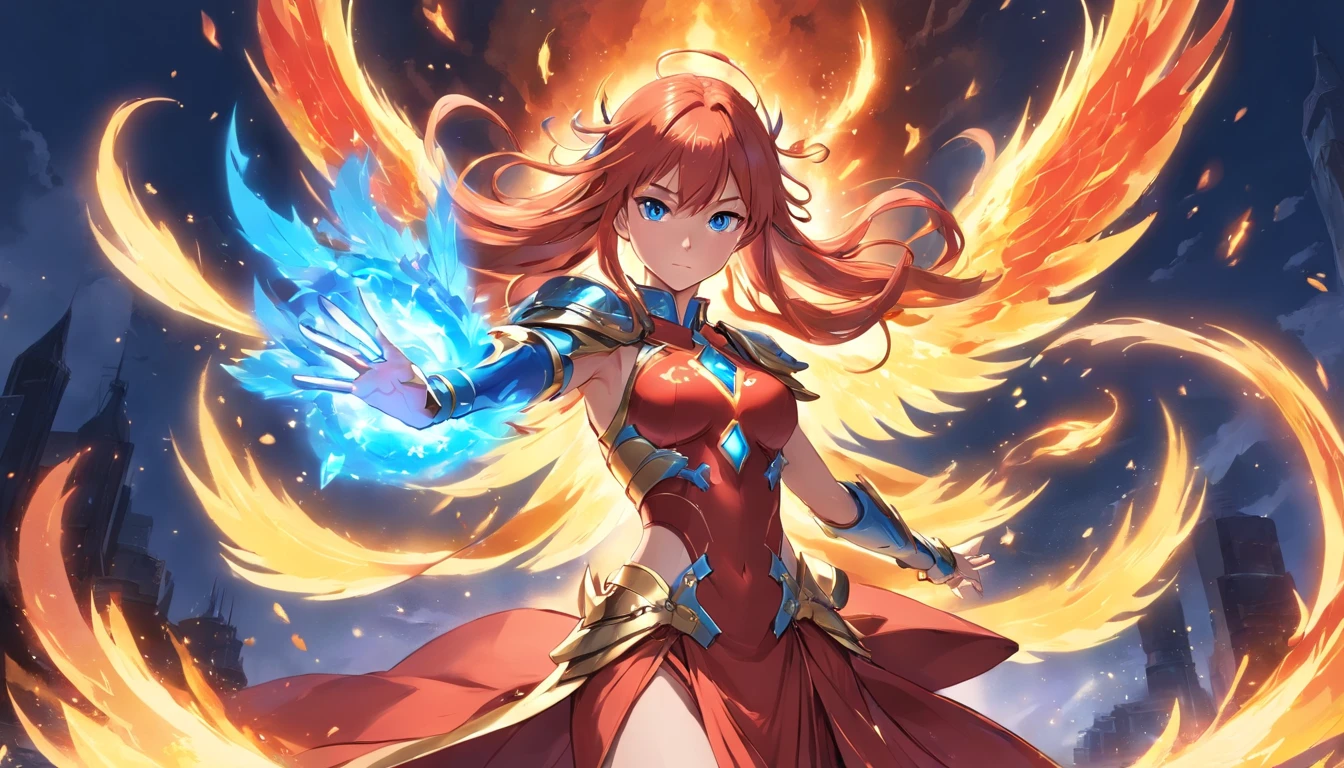 Beautiful warrior mage with the face of Asuka Langley. Asuka langley as a blue fire mage, a blue fire mage with asuka langley's face, cold expression, angry expression, battle expresion. Voluptuous female body and feminine beauty. Light blue eyes, long red hair, crimson red hair, long red hair waving in the wind, body of a goddess, appearance of a goddess, medium well-marked breasts, well-rounded preches, young adult, well-proportioned female body, divine beauty, long legs, slender female body. She wears a long red imperial dress. She wears a long, fitted red dress. She wears a long skirt. She wears phoenix armor, she wears golden armor, she wears sensual plated armor, she wears feminine phoenix armor. Wing-shaped flames emerge from her back. She is full of determination and courage, she radiates an aura of unbreakable fighting that leaves everyone who looks at her captivated, she has a cold and proud look. She has blue flames in her hands, in her hands there are blue fire, she has blueblaze in the palm of her hands. She is levitating in the air, looking like a goddess, surrounded by blue flames, floating in the air with flames around her. Exterior medieval setting, mountain range, pine forest.
