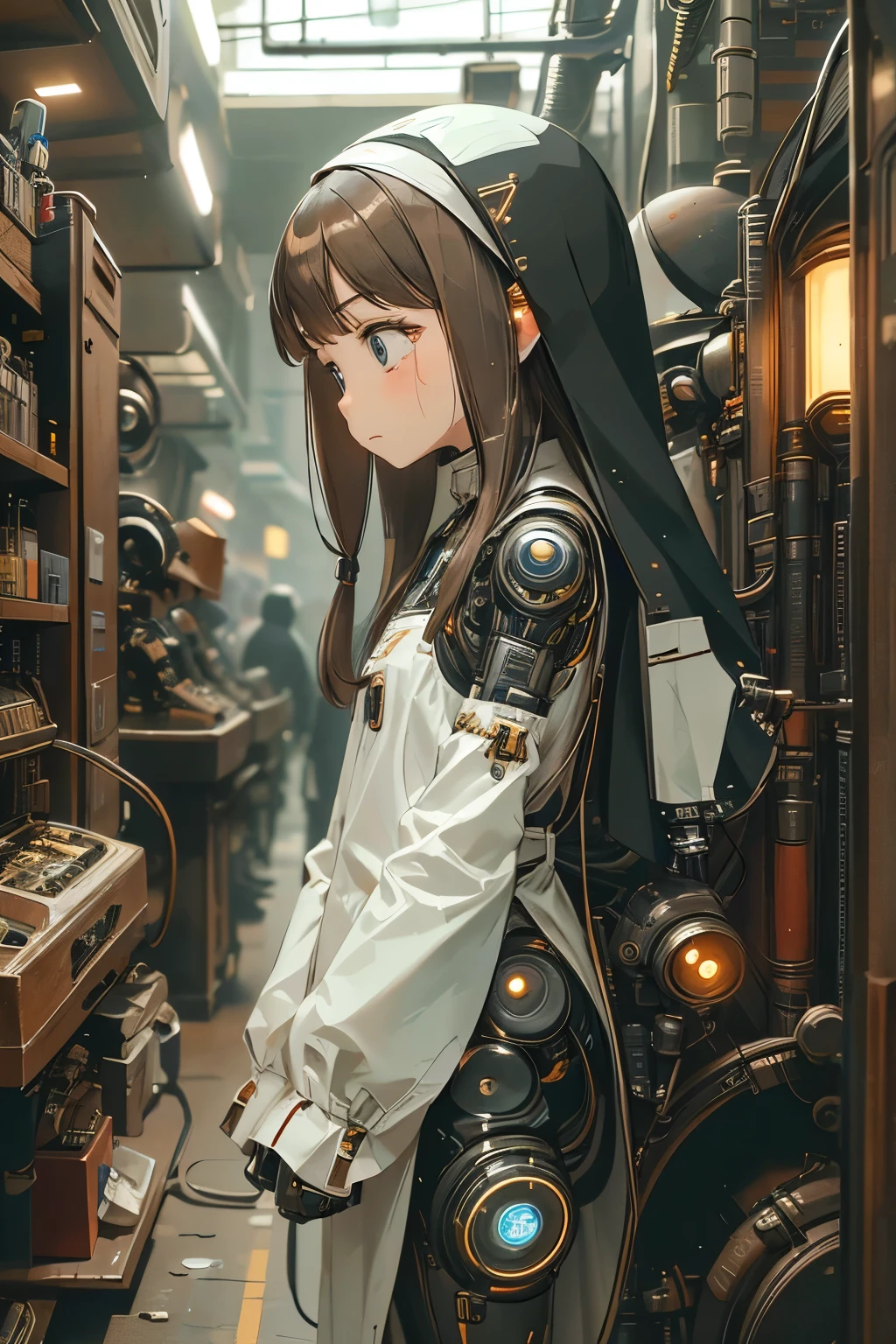 , long brown hair, sad crying face, half mechanical face mechanical jaw, cyborg arm, cyborg leg, body connected to machines, power wires, blue light , nun's , bra , hands praying . Futuristic