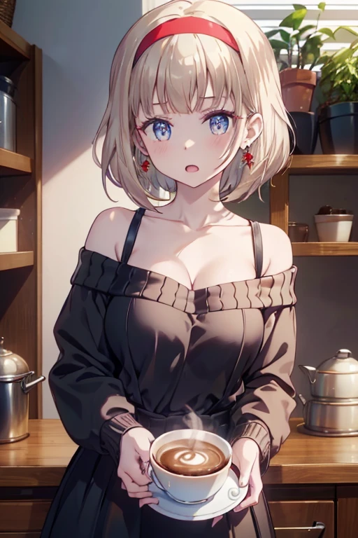 masterpiece, yor, 1girl, Amazing Cleavage:1.3, thin waist, big ass, Raised sexy, medium breast: 1.8 posed cleavage:1.2、solo, looking at viewer, open mouth, have a cup of coffee,black hair, red eyes, dress, bare shoulders, jewelry, collarbone, sidelocks, hairband, earrings, indoors, off shoulder, :o, sweater, arms behind back, plant, short hair with long locks, white hairband, off-shoulder dress, sweater dress, off-shoulder sweater, red sweater, big side hair, very long side hair,is rendered in (masterpiece: 1.2, best quality), with (ultra high resolution) and an exquisite (depth of field). This masterpiece is not only visually stunning but also tells, make of cake cooking ,in the kitchen