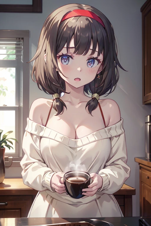 masterpiece, yor, 1girl, Amazing Cleavage:1.3, thin waist, big ass, Raised sexy, medium breast: 1.8 posed cleavage:1.2、solo, looking at viewer, open mouth, have a cup of coffee,black hair, red eyes, dress, bare shoulders, jewelry, collarbone, sidelocks, hairband, earrings, indoors, off shoulder, :o, sweater, arms behind back, plant, short hair with long locks, white hairband, off-shoulder dress, sweater dress, off-shoulder sweater, red sweater, big side hair, very long side hair,is rendered in (masterpiece: 1.2, best quality), with (ultra high resolution) and an exquisite (depth of field). This masterpiece is not only visually stunning but also tells, make of cake cooking ,in the kitchen
