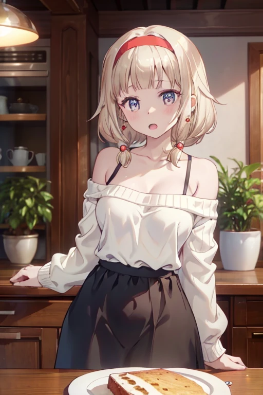 masterpiece, yor, 1girl, Amazing Cleavage:1.3, thin waist, big ???, Raised ????, medium ??????: 1.8 posed cleavage:1.2、solo, looking at viewer, open mouth, have a cup of coffee,black hair, red eyes, dress, ???? shoulders, jewelry, collarbone, sidelocks, hairband, earrings, indoors, off shoulder, :o, sweater, arms behind back, plant, short hair with long locks, white hairband, off-shoulder dress, sweater dress, off-shoulder sweater, red sweater, big side hair, very long side hair,is rendered in (masterpiece: 1.2, best quality), with (ultra high resolution) and an exquisite (depth of field). This masterpiece is not only visually stunning but also tells, make of cake cooking ,in the kitchen