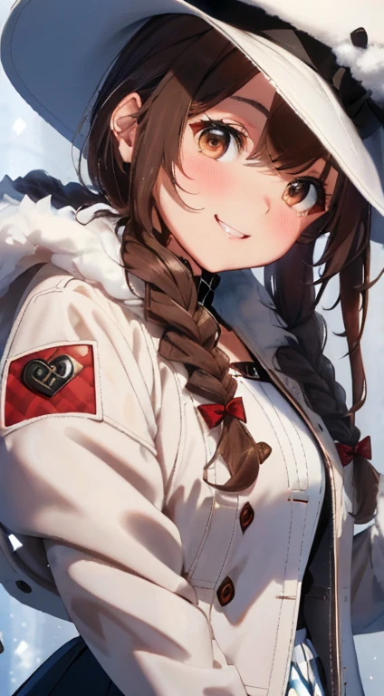 Fluffy hair,((Brown haired)),(Braided Short Hair),Slight red tide,((Brown eyes)),(White fluffy winter clothes),((black blouson jacket)),(checkered dark blue skirt),((Long knee-length boots)),((fluffy white hat)),A kind smile,(The heart symbol is flying),Dating atmosphere,((Face close-up))