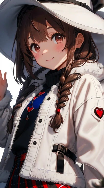 Fluffy hair,((Brown haired)),(Braided Short Hair),Slight red tide,((Brown eyes)),(White fluffy winter clothes),((black blouson jacket)),(checkered dark blue skirt),((Long knee-length boots)),((fluffy white hat)),A kind smile,(The heart symbol is flying),Dating atmosphere,((Face close-up))