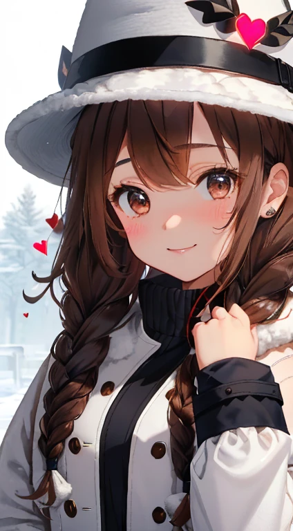 Fluffy hair,((Brown haired)),(Braided Short Hair),Slight red tide,((Brown eyes)),(White fluffy winter clothes),((black blouson jacket)),(checkered dark blue skirt),((Long knee-length boots)),((fluffy white hat)),A kind smile,(The heart symbol is flying),Dating atmosphere,((Face close-up))