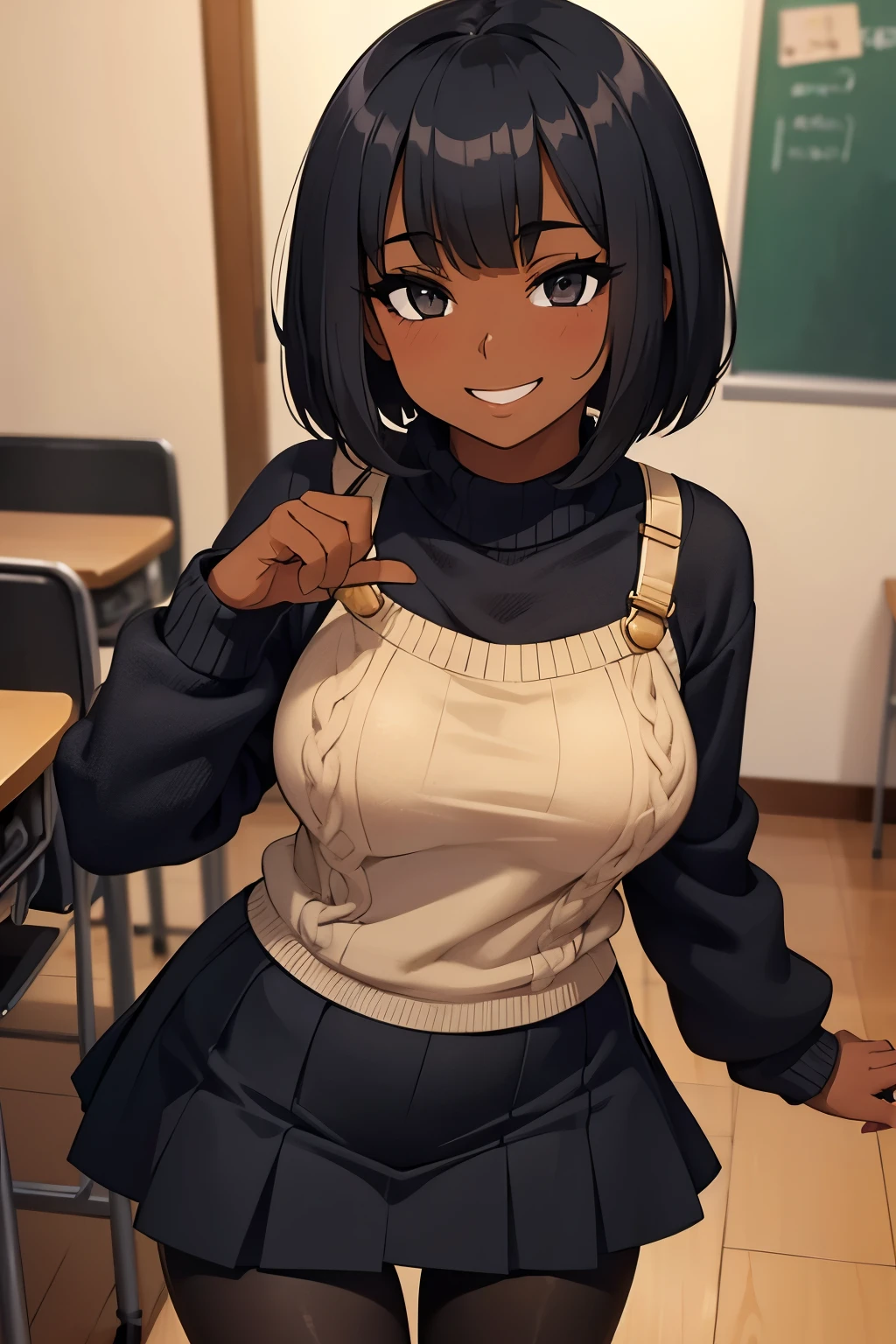 1 hot girl, very dark skin, black eyes, knit sweater, grin, gorgeous, african, black pantyhose, short bob, school girl