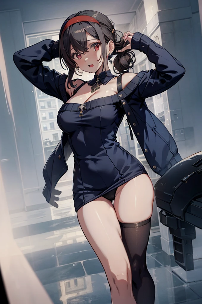 masterpiece, yor, 1girl, Amazing :1.3, thin waist, big ass, Rai sexy, mediureast: 1.8 poeavage:1.2、solo, lt viewer, o mouth, have a cup of coffee,black hair, red eyes, dress, bare shoulders, jewelry, collarbone, sidelocks, hairband, earrings, indoors, off shoulder, :o, sweater, arms behind back, plant, short hair with long locks, white hairband, off-shoulder dress, sweater dress, off-shoulder sweater, red sweater, big side hair, very long side hair,is rendered in (masterpiece: 1.2, best quality), with (ultra high resolution) and an exquisite (depth of field). This masterpiece is not only visually stunning but also tells, make of cake cooking ,in the kitchen