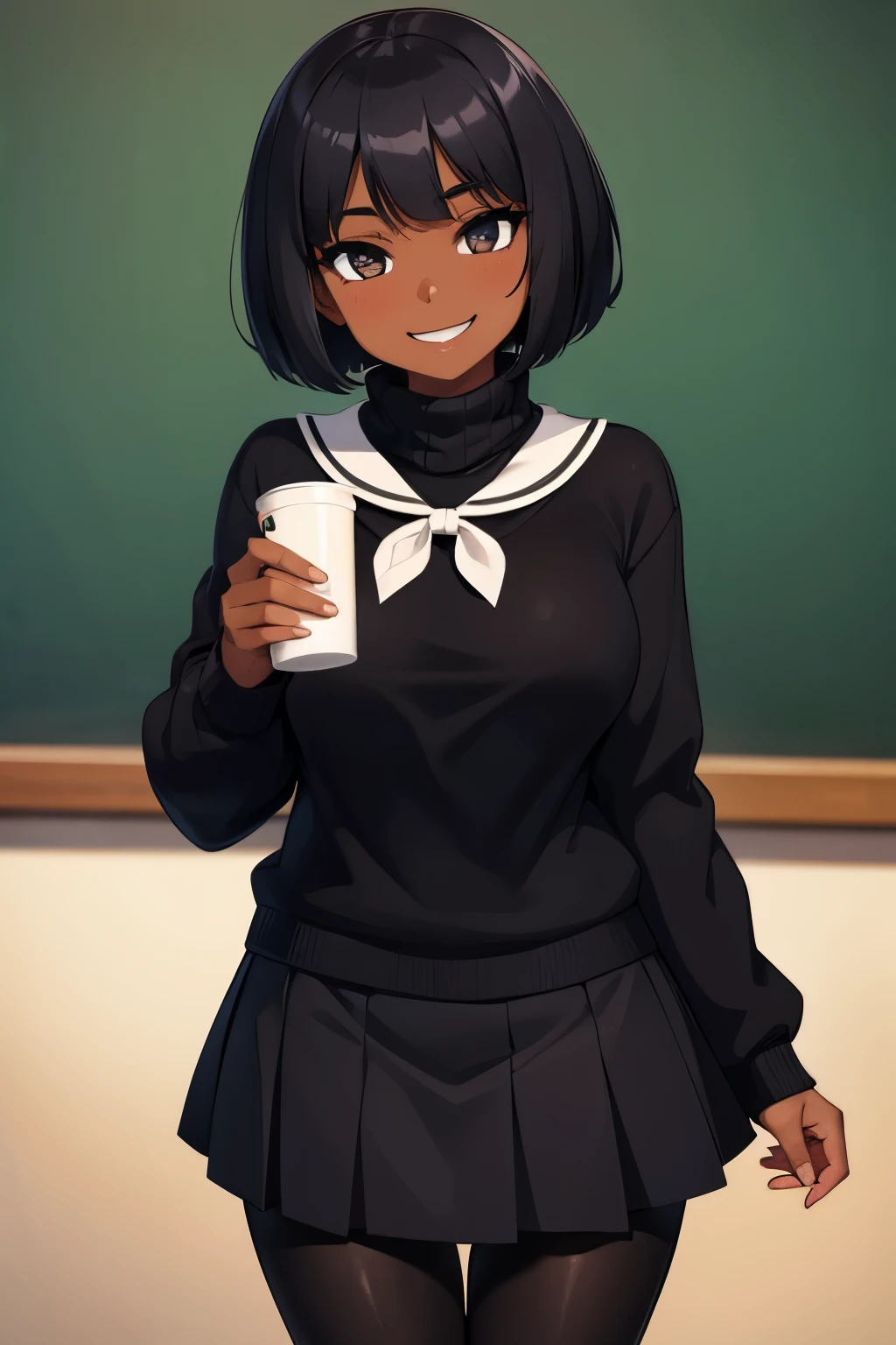 1 hot girl, very dark skin, black eyes, knit sweater, grin, gorgeous, african, black pantyhose, short bob, school girl