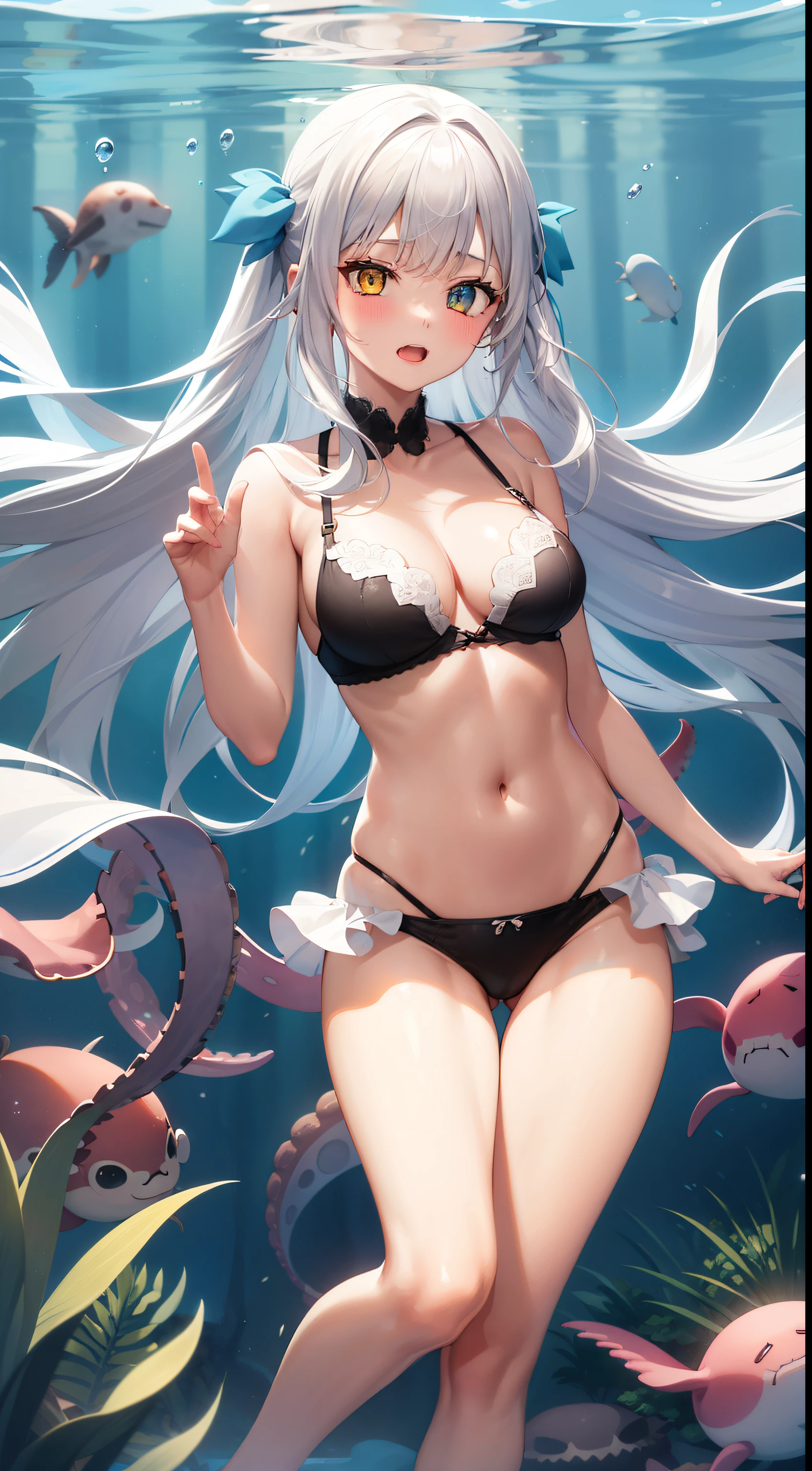 1 Girl,Kagura Mia ,white hair,Heterochromia,Half closed eyes,(Giddenmei 1.5),double braid hair，2legs,Sexual suggestion，Bare legs，Double tail，Chest skin，Sexual suggestion，White bra，White underwear，Surrealism,(Floating Drowning, Floating underwater, Underwater photos), drown, Many blisters,despair，Entangled in octopus，Octopus tentacles