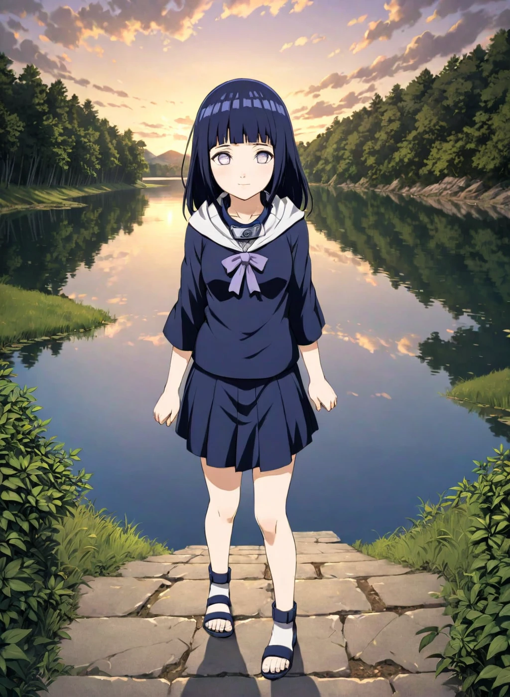  child-Hinata, (arms behind back), long hair, walk next to lake, [enchanting, surreal, studio lighting, HDR, UHD, K]