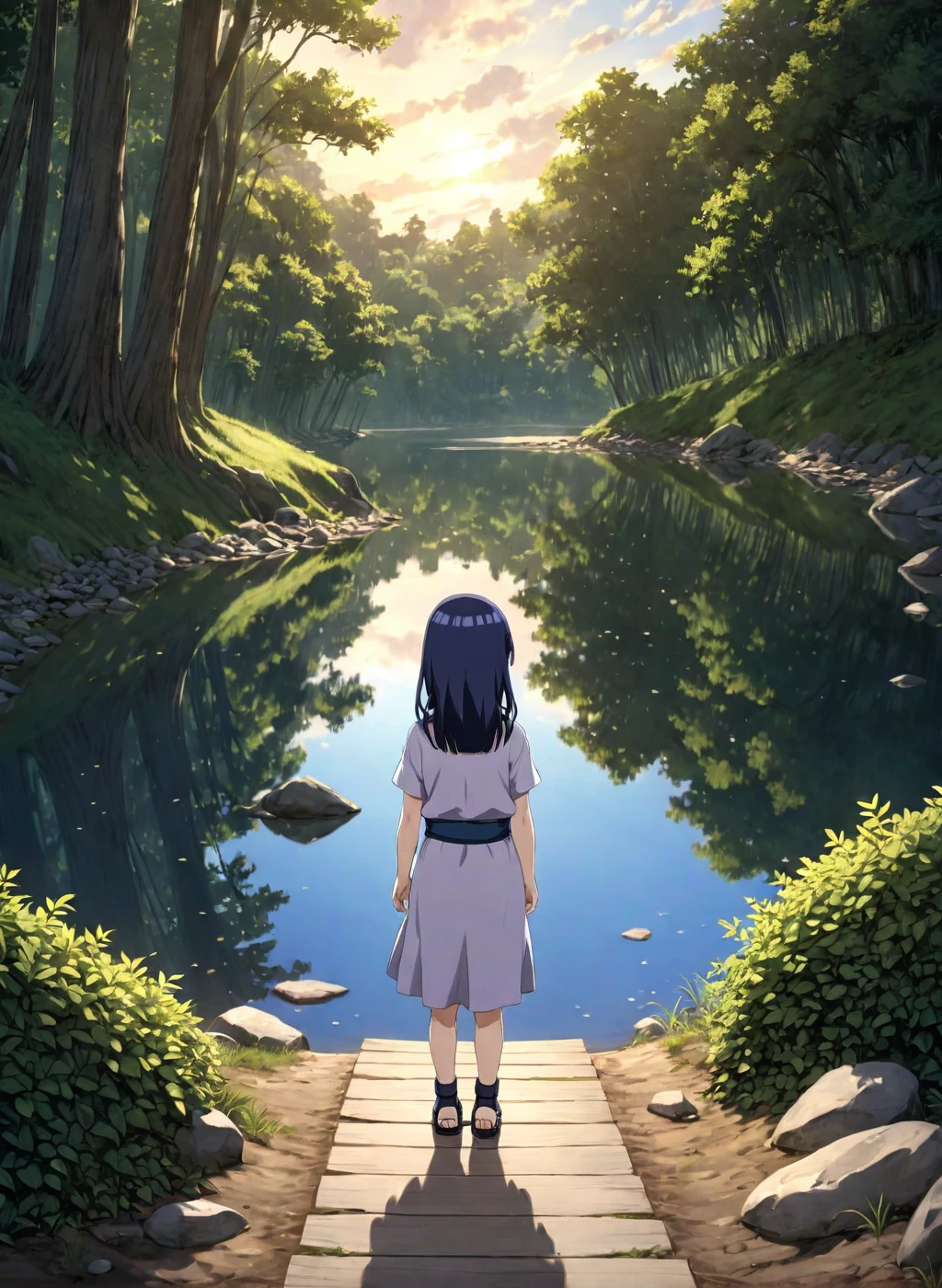  child-Hinata, (arms behind back), long hair, walk next to lake, [enchanting, surreal, studio lighting, HDR, UHD, K]