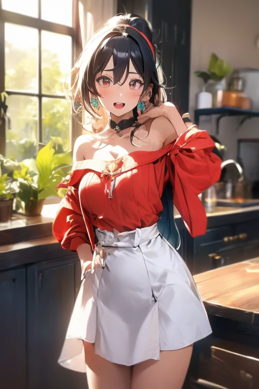 masterpiece, yor, 1girl, Amazing Cleavage:1.3, thin waist, big ass, Raised sexy, medium breast: 1.8 posed cleavage:1.2、solo, looking at viewer, open mouth, have a cup of coffee,black hair, red eyes, dress, bare shoulders, jewelry, collarbone, sidelocks, hairband, earrings, indoors, off shoulder, :o, sweater, arms behind back, plant, short hair with long locks, white hairband, off-shoulder dress, sweater dress, off-shoulder sweater, red sweater, big side hair, very long side hair,is rendered in (masterpiece: 1.2, best quality), with (ultra high resolution) and an exquisite (depth of field). This masterpiece is not only visually stunning but also tells, make of cake cooking ,in the kitchen
