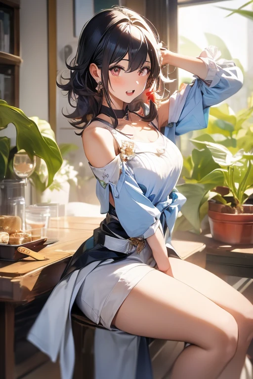 masterpiece, yor, 1girl, Amazing Cleavage:1.3, thin waist, big ass, Raised sexy, medium breast: 1.8 posed cleavage:1.2、solo, looking at viewer, open mouth, have a cup of coffee,black hair, red eyes, dress, bare shoulders, jewelry, collarbone, sidelocks, hairband, earrings, indoors, off shoulder, :o, sweater, arms behind back, plant, short hair with long locks, white hairband, off-shoulder dress, sweater dress, off-shoulder sweater, red sweater, big side hair, very long side hair,is rendered in (masterpiece: 1.2, best quality), with (ultra high resolution) and an exquisite (depth of field). This masterpiece is not only visually stunning but also tells, make of cake cooking ,in the kitchen