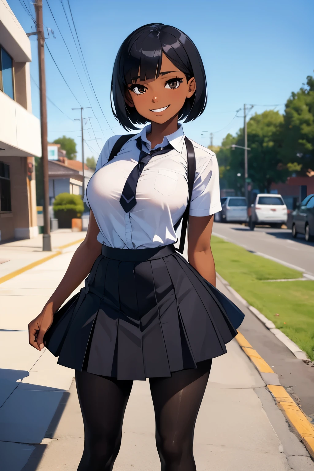 1 hot girl, very dark skin, black eyes, grin, gorgeous, african, black pantyhose, short bob, school girl, large breasts