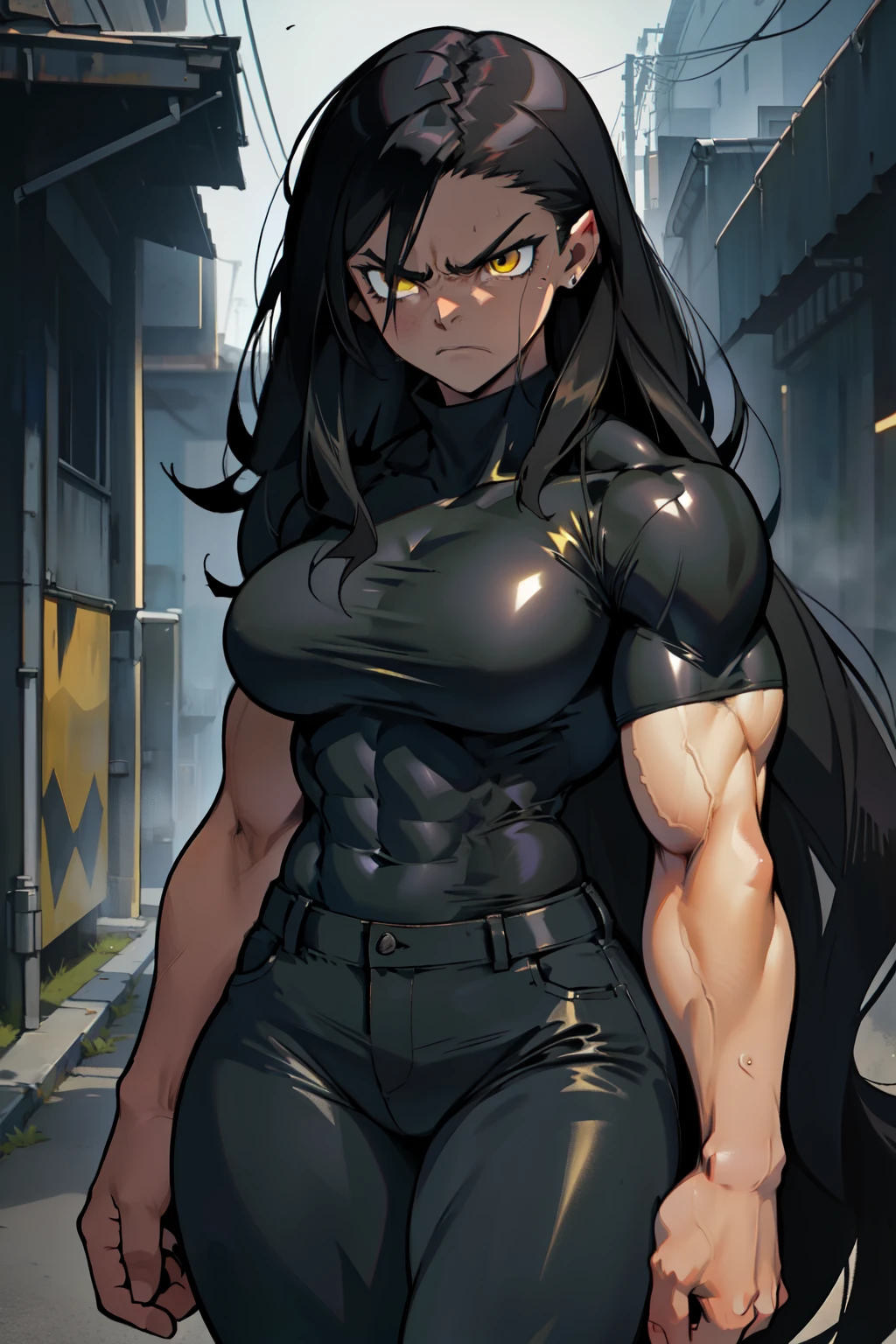 dark atmosphere shadow sweaty shiny skin foggy (tight pants tight shirt) angry pale skin black hair very long hair yellow eyes ((((1girl muscular)))) (thick thighs large breasts) long abs