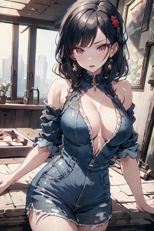 masterpiece, yor, 1girl, Amazing Cleavage:1.3, thin waist, big ass, Raised sexy, medium breast: 1.8 posed cleavage:1.2、solo, looking at viewer, open mouth, have a cup of coffee,black hair, red eyes, dress, bare shoulders, jewelry, collarbone, sidelocks, hairband, earrings, indoors, off shoulder, :o, sweater, arms behind back, plant, short hair with long locks, white hairband, off-shoulder dress, sweater dress, off-shoulder sweater, red sweater, big side hair, very long side hair,is rendered in (masterpiece: 1.2, best quality), with (ultra high resolution) and an exquisite (depth of field). This masterpiece is not only visually stunning but also tells, make of cake cooking ,in the kitchen