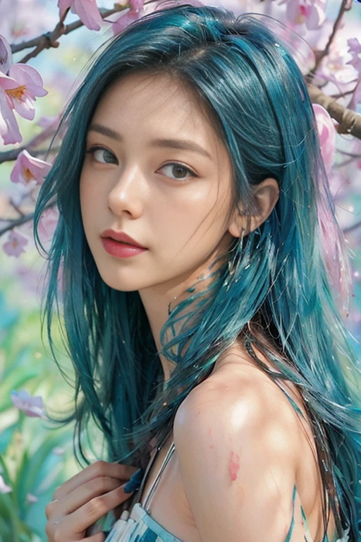 (best quality),(masterpiece:1.2), (colorful:0.9), (ink splashing),(color splashing),((watercolor)), clear sharp focus, model shot,, (portrait goddess of spring:1.5), cute expression,elegant blue colored hair, beautyfull detailed face and eyes, elegant goddess clothing, spring forest background,, colorwater  