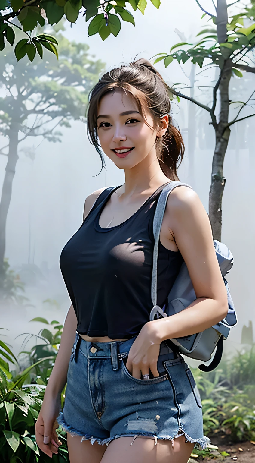 (8k,RAW Photos、RAW Photos、highest quality、masterpiece:1.2)、1girl、1Middle-aged men、Very detailed、Super Resolution、((Foggy jungle:1.4))、((in a thick fog:1.4))、(Realistic:1.3)、((Cowboy Shot:1.4))、Sharp depiction of light and shadow、High-resolution RAW color photos、Professional photos、(((natural Park:1.4)))、Drawing faithful to anatomy、Very detailed and beautiful、super high quality、((girl with ponytail hair:1.4))、((Carry a backpack:1.4))、((Dark blue tank top shirt:1.4))、((In the rainforest:1.4))、((A denim mini skirt that accentuates your thighs:1.4))、Upper Body、((Girl with a pochette on her shoulder:1.4))、((smile:1.4))、Knee plaster:1.7、