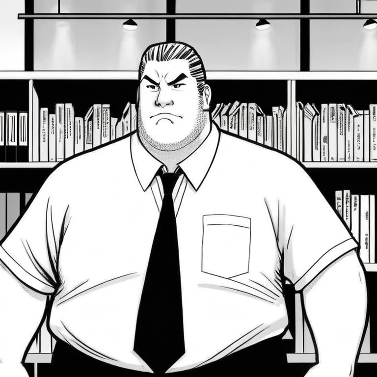 manga style art of In black and white 2d comic book drawing Only plump, chubby, extremely thick thighs, large belly, Japanese businessman, gordinho e atarracado, de 66 anos, ex-jogador de rugby, com cabelo curto e barba curta, in a suit and tie and competitive white swim pants, sentado em um banco em um parque tranquilo., vibrante, energia alta, detalhado, Iconic, Japanese comic style, manga