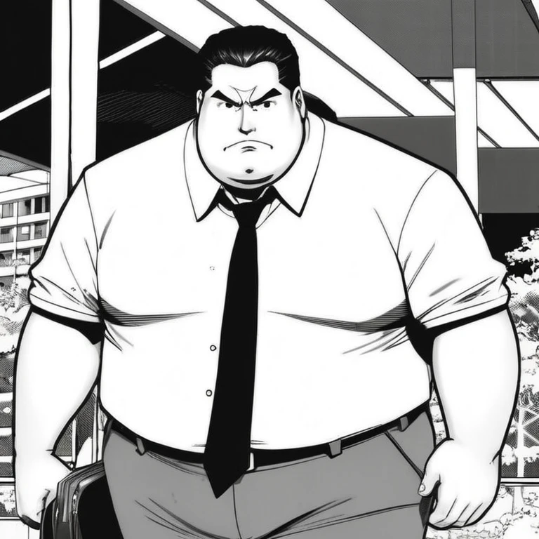 manga style art of In black and white 2d comic book drawing Only plump, chubby, extremely thick thighs, large belly, Japanese businessman, gordinho e atarracado, de 66 anos, ex-jogador de rugby, com cabelo curto e barba curta, in a suit and tie and competitive white swim pants, sentado em um banco em um parque tranquilo., vibrante, energia alta, detalhado, Iconic, Japanese comic style, manga