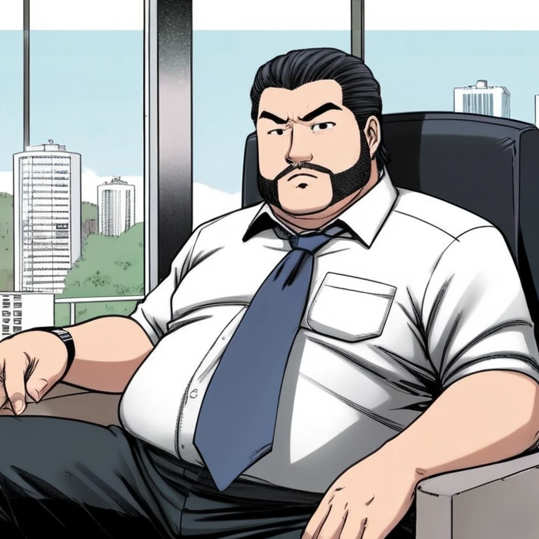 manga style art of In black and white 2d comic book drawing Only plump, chubby, extremely thick thighs, large belly, Japanese businessman, gordinho e atarracado, de 66 anos, ex-jogador de rugby, com cabelo curto e barba curta, in a suit and tie and competitive white swim pants, sentado em um banco em um parque tranquilo., vibrante, energia alta, detalhado, Iconic, Japanese comic style, manga