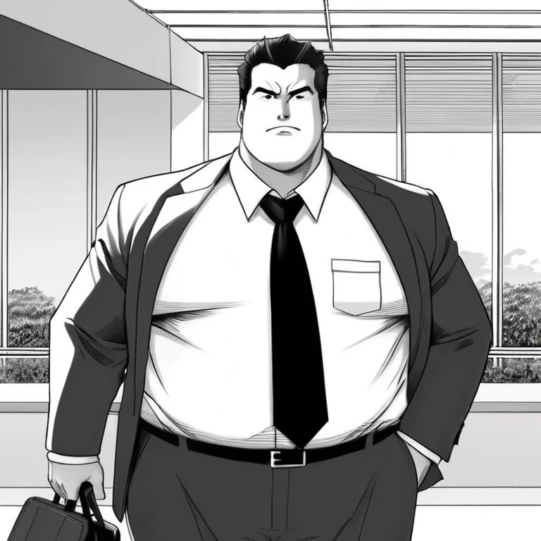 manga style art of In black and white 2d comic book drawing Only plump, chubby, extremely thick thighs, large belly, Japanese businessman, gordinho e atarracado, de 66 anos, ex-jogador de rugby, com cabelo curto e barba curta, in a suit and tie and competitive white swim pants, sentado em um banco em um parque tranquilo., vibrante, energia alta, detalhado, Iconic, Japanese comic style, manga