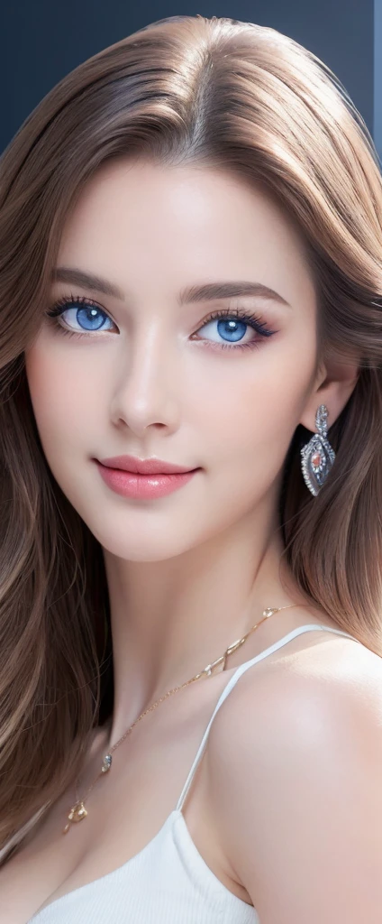 (masterpiece:1.3), (8k, photoreallistic, Photographie RAW, Top image quality: 1.4), (1 jeune femme dans), visage magnifique, (realistic face), (Un brun, cheveux longs:1.3), (wavy hair), belle coiffure, realistic eyes, Des yeux magnifiques, (Une vraie peau), belle peau, affriolant, A high resolution, A hyper-realistic, high details, The golden ratio, face detail, Voir le spectateur, un sourire, chemise blanche ouverte, jupe longue et fendue, Colossal, clivage du sein, est debout, look at viewers, russian, racing girl at the motor show, leotatard, large breasts,, (thick eyeliner), (eye shadow),(red lips), ((blush)), ((pointy nose)), ultra detailed cg 8k, beautiful cg, soft light, necklace, earrings, slender face, ((light blue eyes)), (smile),armlets, skinny waist,