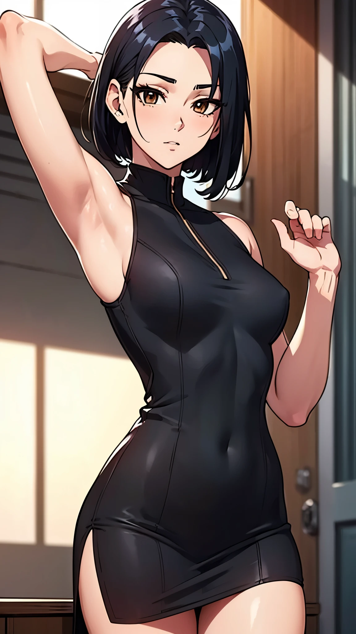 8K,high quality,anime,married woman,fair skinned,beautiful,small face,clean,bright,eye highlights,beautiful line drawing. Black hair, white skin, brown eyes, flashy black dress, sleeveless outfit, hands raised, armpits showing,