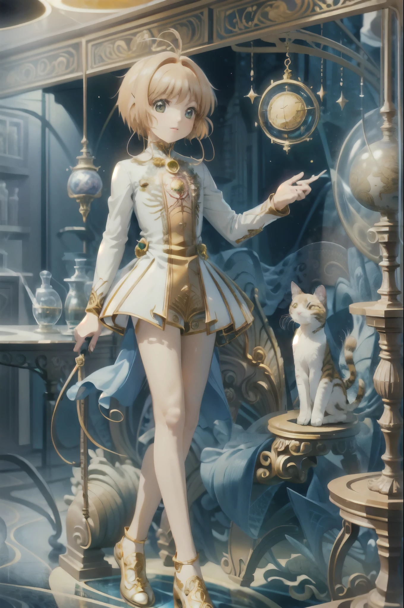 Practical, (masterpiece, upscale, best quality, official art, Beautiful and beautiful: 1.2), Very detailed, Fractal Art, rich and colorful, More detail, (Abstract Background: 1.5) (1 Girl: 1.3), (Cats), Yellow hair, Bright Eyes, Shy, Hairstyle back, short hair, , Milky Way, Huge Magic Golden Lion Astrolabe, Dream, fantasy, Gold trim, Beautiful and detailed sky, style and decoration for Leo,  Leo Goddess, (National Foundation:0.8)
Exquisite restaurant and high glass guardrail，organ