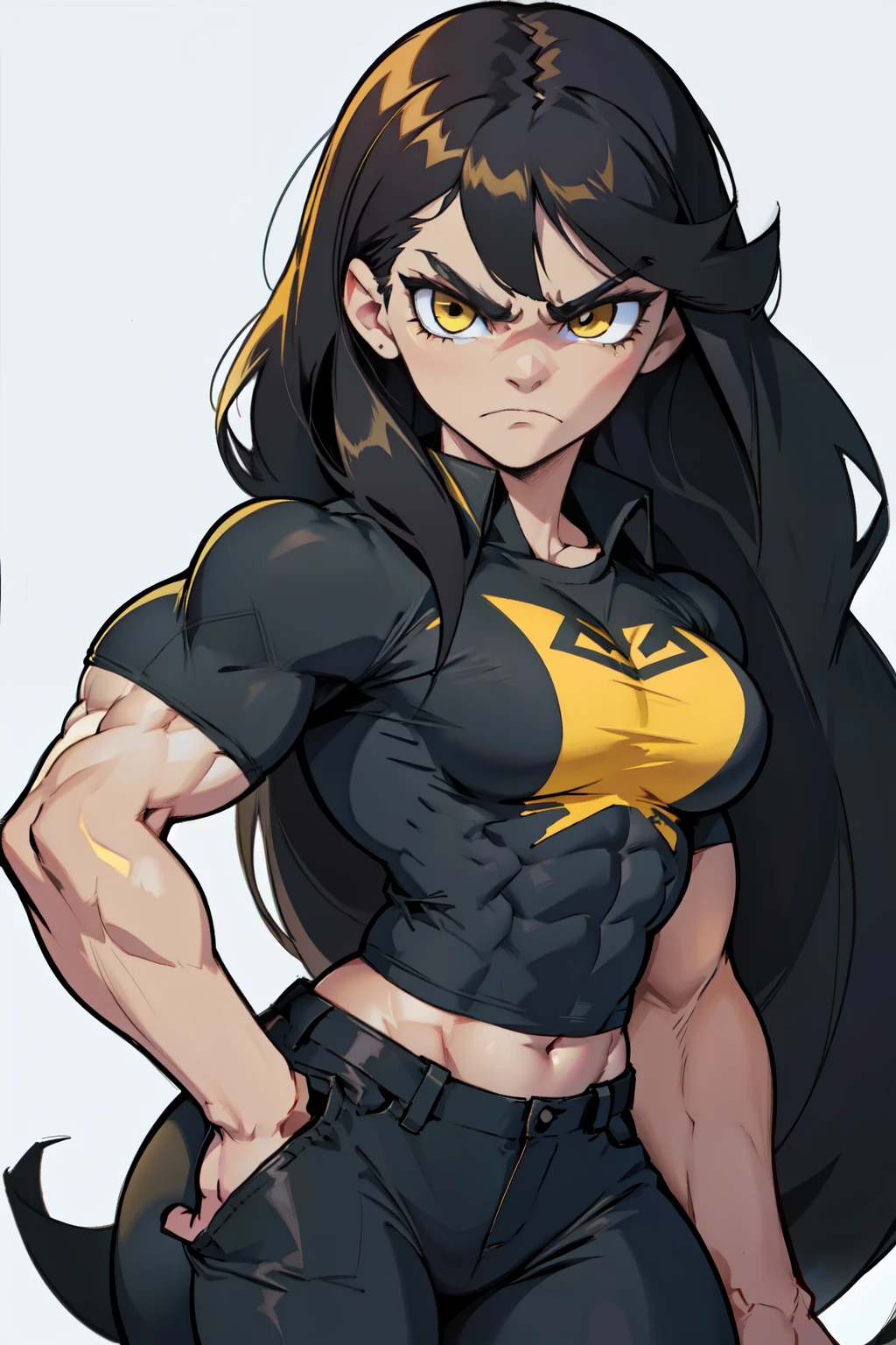 (tight pants tight shirt) angry pale skin black hair very long hair yellow eyes ((((1girl muscular)))) (thick thighs large breasts) long abs