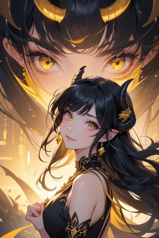 ((best quality)), ((masterpiece)), (detailed), ((perfect face)), (((best quality)), ((masterpiece)), (detailed), ((perfect face)), (anime)), ((black hair)), ((demon girl)), ((yellow eyes)), (Horns)) ((Anime style)) ((earring)) ((jewelry)) ((luxurious dress)) ((smile))
