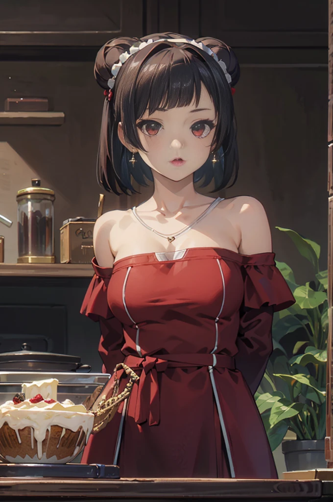 masterpiece, yor, 1girl, Amazing Cleavage:1.3, thin waist, big ass, Raised sexy, medium breast: 1.8 posed cleavage:1.2、solo, looking at viewer, open mouth, have a cup of coffee,black hair, red eyes, dress, bare shoulders, jewelry, collarbone, sidelocks, hairband, earrings, indoors, off shoulder, :o, sweater, arms behind back, plant, short hair with long locks, white hairband, off-shoulder dress, sweater dress, off-shoulder sweater, red sweater, big side hair, very long side hair,is rendered in (masterpiece: 1.2, best quality), with (ultra high resolution) and an exquisite (depth of field). This masterpiece is not only visually stunning but also tells, make of cake cooking ,in the kitchen