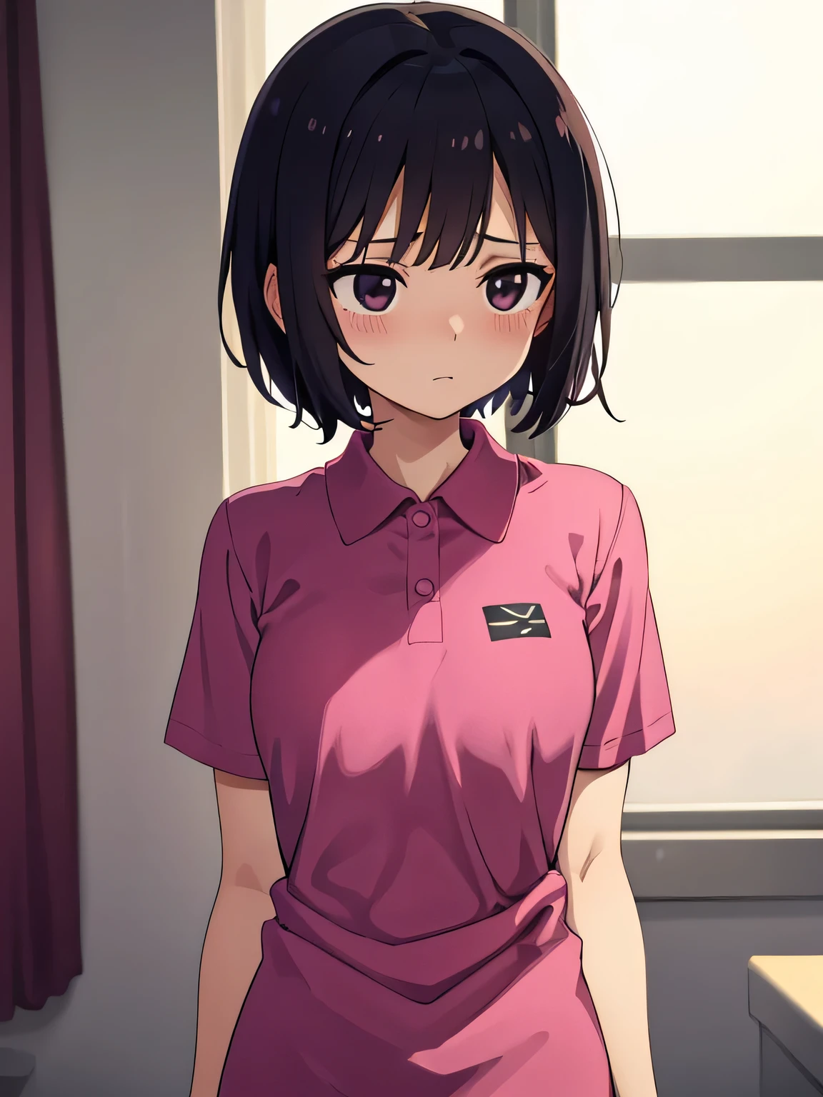 1. Beautiful girl in a magenta polo shirt, short hair, Small breasts, Embarrassing, Beautiful fingers, Shyness, worries, Black Hair, No underwear, Bending over, naked, nude, black eyes, hospital, beautiful, cute, high quality, short sleeves　No bra