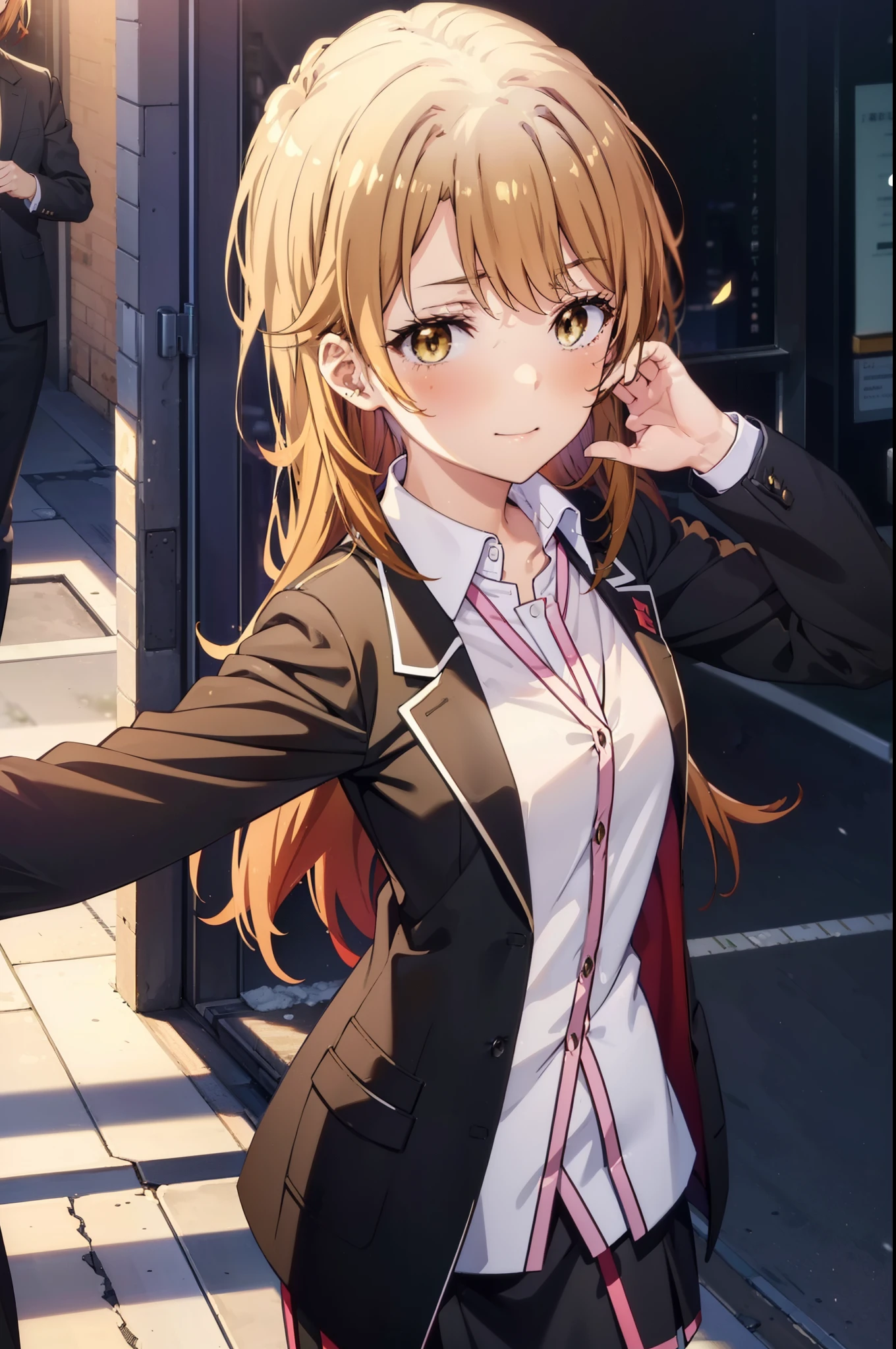 irohaisshiki, Iroha Isshiki, Long Hair, Brown Hair, (Brown eyes:1.5),  ,Hair between the eyes, smile,blush,happy smile, smile, Open your mouth,OL, Akagi glasses, Black suit jacket, Collared jacket, White dress shirt, Collared shirt, Neckline, button, Black pencil skirt, Black pantyhose,Stiletto heels,morning,morning陽,The sun is rising,Walking,whole bodyがイラストに入るように,
break outdoors, In town,Building district,crowd, people々々,
break looking at viewer, whole body, 
break (masterpiece:1.2), highest quality, High resolution, unity 8k wallpaper, (shape:0.8), (Beautiful details:1.6), Highly detailed face, Perfect lighting, Extremely detailed CG, (Perfect hands, Perfect Anatomy),