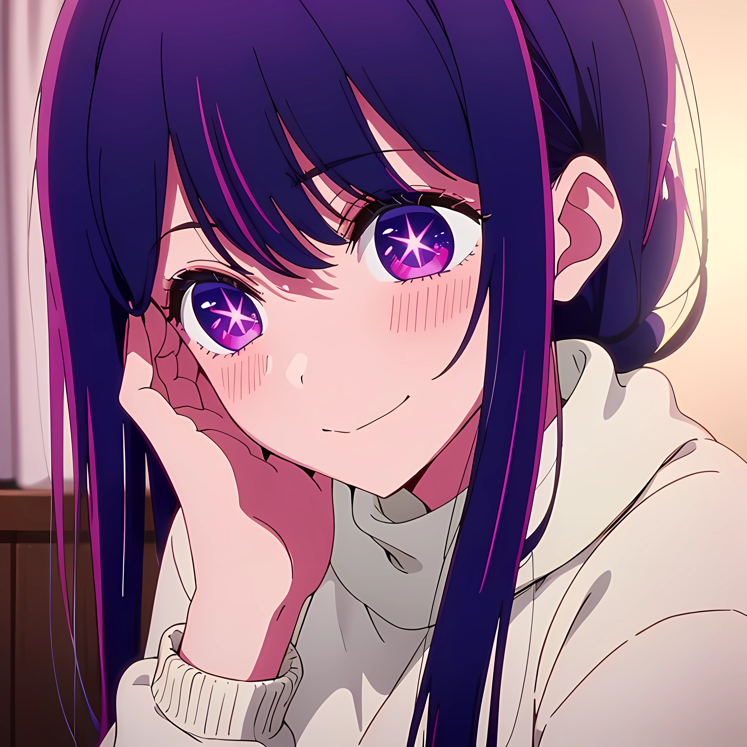  best quality,highly detailed,1girl solo,direct eye contact,soft lighting,anime, Anime girl with long hair and purple eyes, Anime Girl、A slight smile、Ai Hoshino, highres,vibrant colors,cozy atmosphere,lit lights,Cozy cabin, snow falling ,sweater, cute, 1girl, solo, purple hair, close up, sweater, stomach, medium breasts, rain, inside, rain on widows, light smile, black leggings, cleavage, blushing, sitting on bed, rainy scenery, seductive,