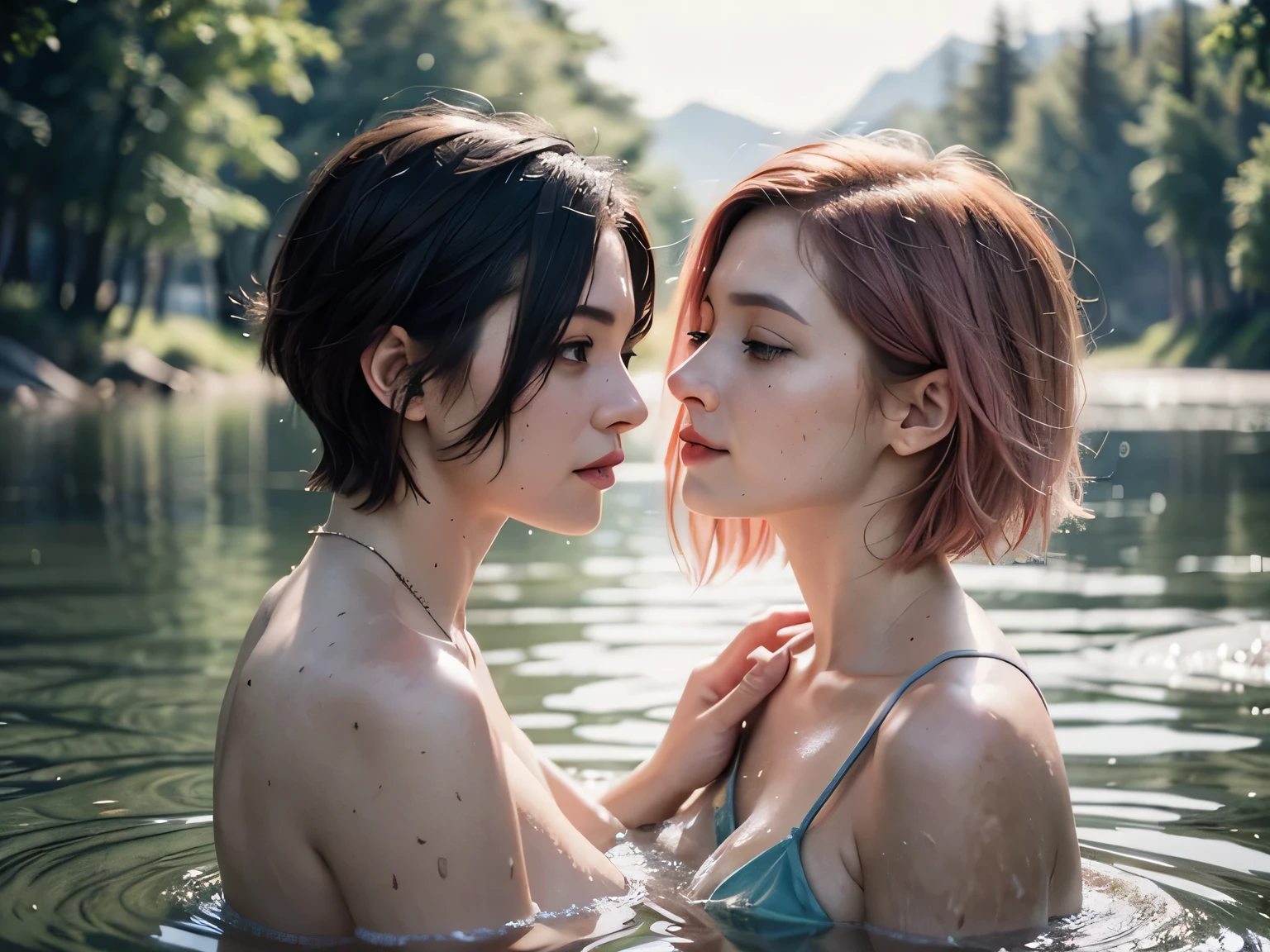Masterpiece, ultra high definition photo quality, detailed body, nightmare world, twilight, moonlight, beautiful lake in deep forest, two very beautiful young succubi, kissing each other, touching each other, seducing viewers with two, tall, small face, black short hair, pixie cut, no makeup, very big beautiful clear brown watery eyes, seductive smile, mockery, staring at the camera, ruthless gaze, thick red lips, Very long tongue, spit, dimples, serious, wicked, brooding, flushed cheeks, white teeth, sharp fangs, sweat, very pallor pure white skin, beautiful very large breasts, large and wide shoulders, beautiful strong abdominal muscles, strong back, strong upper arms, strong thick beautiful legs, gray rag bikini, strapless, gray rag ultra-small ultra-thin ultra-low rise T-back, exposed buttocks, heaving crotch, topless, wet and protruding areolas, protruding areolas, protruding pubic hair, grooves in the crotch, genitals clearly visible, axillary hair, smooth body features, so much skin exposure, very sexy and lustful libido, beautiful smooth sweaty skin, full body figure,
