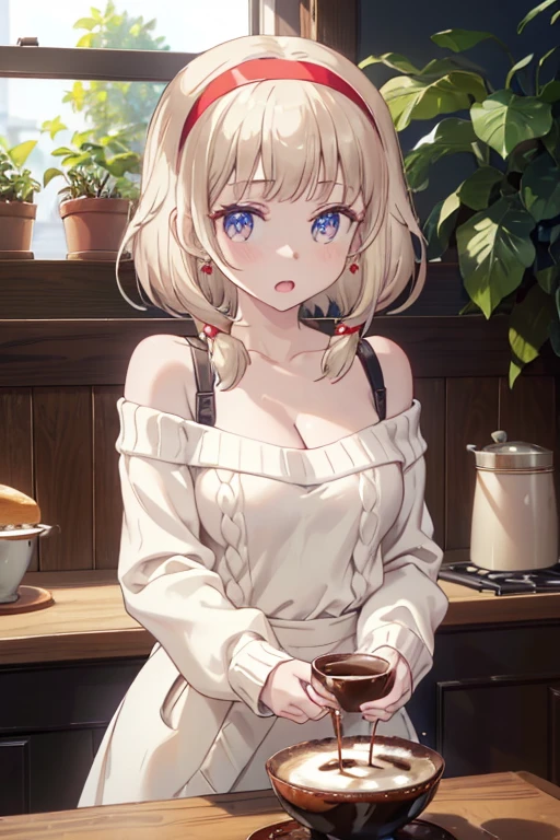 masterpiece, yor, 1girl, Amazing Cleavage:1.3, thin waist, big ass, Raised sexy, medium breast: 1.8 posed cleavage:1.2、solo, looking at viewer, open mouth, have a cup of coffee,black hair, red eyes, dress, bare shoulders, jewelry, collarbone, sidelocks, hairband, earrings, indoors, off shoulder, :o, sweater, arms behind back, plant, short hair with long locks, white hairband, off-shoulder dress, sweater dress, off-shoulder sweater, red sweater, big side hair, very long side hair,is rendered in (masterpiece: 1.2, best quality), with (ultra high resolution) and an exquisite (depth of field). This masterpiece is not only visually stunning but also tells, make of cake cooking ,in the kitchen