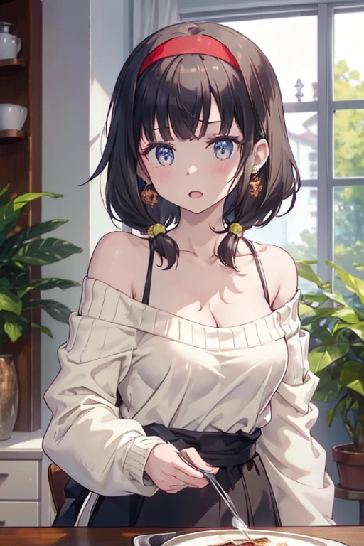 masterpiece, yor, 1girl, Amazing Cleavage:1.3, thin waist, big ass, Raised sexy, medium breast: 1.8 posed cleavage:1.2、solo, looking at viewer, open mouth, have a cup of coffee,black hair, red eyes, dress, bare shoulders, jewelry, collarbone, sidelocks, hairband, earrings, indoors, off shoulder, :o, sweater, arms behind back, plant, short hair with long locks, white hairband, off-shoulder dress, sweater dress, off-shoulder sweater, red sweater, big side hair, very long side hair,is rendered in (masterpiece: 1.2, best quality), with (ultra high resolution) and an exquisite (depth of field). This masterpiece is not only visually stunning but also tells, make of cake cooking ,in the kitchen