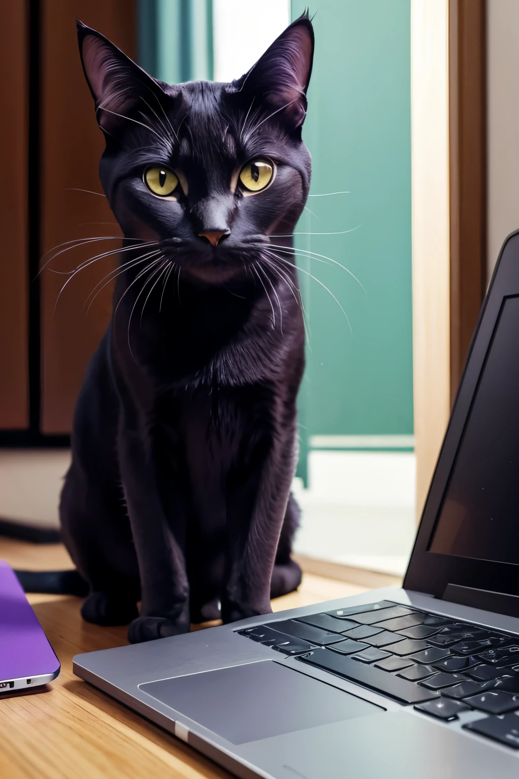 un gato triste color violeta, sentado, escribiendo en una laptop